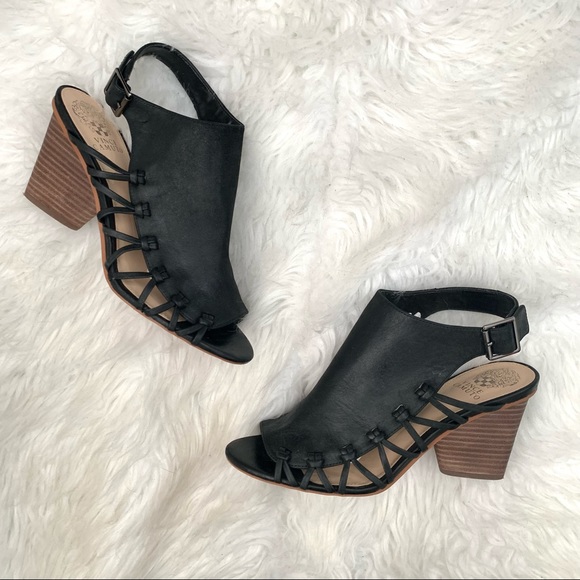 Vince Camuto Ankara Leather Sling Back Peep Toe Black Block Heel  Sandals - Picture 1 of 10